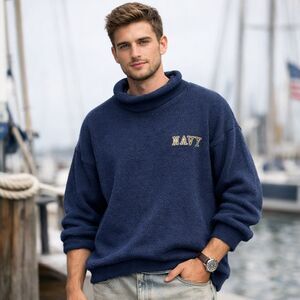 VTG Whalerknits NAVY Sweater Size L Made in USA 100% Cotton Knit Coastal Prep